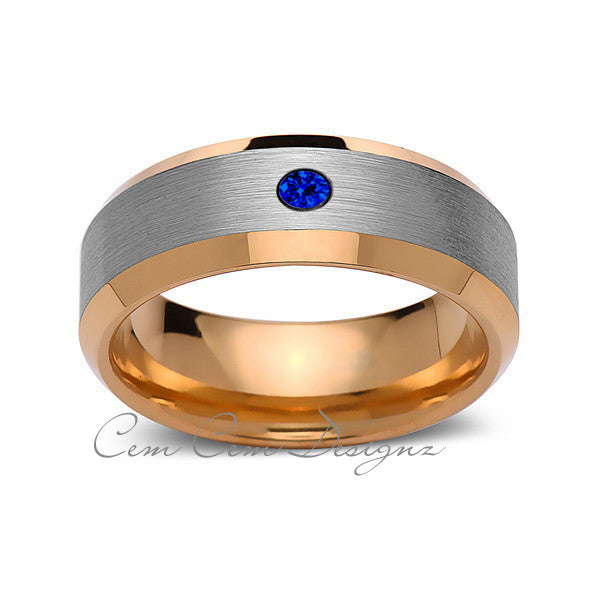 8 mm,Mens,Blue Sapphire,Yellow Gold,Wedding Band,,Gray,Brushed,Yellow Gold,Birthstone,Tungsten Ring,Comfort Fit - LUXURY BANDS LA