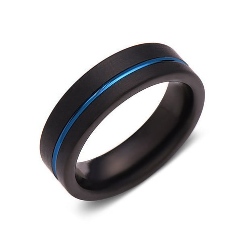 Blue Tungsten Wedding Band - Black Brushed Tungsten Ring - 6mm - Mens Ring - Tungsten Carbide - Engagement Band - Comfort Fit - LUXURY BANDS LA