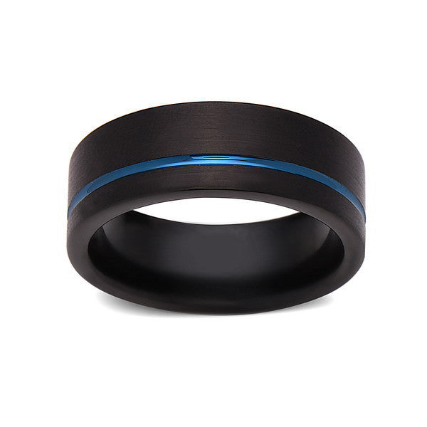 Blue Tungsten Wedding Band - Black Brushed Tungsten Ring - 8mm - Mens Ring - Tungsten Carbide - Engagement Band - Comfort Fit - LUXURY BANDS LA