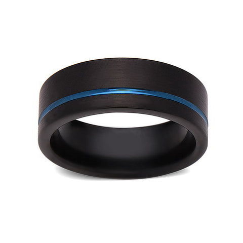 Blue Tungsten Wedding Band - Black Brushed Tungsten Ring - 8mm - Mens Ring - Tungsten Carbide - Engagement Band - Comfort Fit - LUXURY BANDS LA