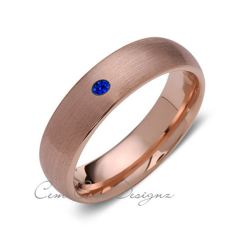 6mm,Mens,Blue Sapphire,Brushed,Rose Gold,Tungsten Ring,Rose Gold,Wedding Band,Comfort Fit - LUXURY BANDS LA