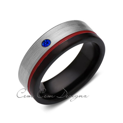 8mm,Blue Sapphire,Mens Diamond Ring,Gray,Black Brushed, Red Groove,Tungsten Ring,Wedding Band,Red,Comfort Fit - LUXURY BANDS LA