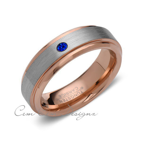 6mm,Mens,Blue Sapphire,Rose Gold,Wedding Band,,Gray,Brushed,Rose Gold,Birthstone,Tungsten Ring,Comfort Fit - LUXURY BANDS LA