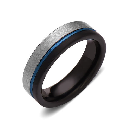 Black Tungsten Wedding Band - Gray Brushed - Blue Brushed Tungsten Ring - 6mm - Mens Ring - Tungsten Carbide - Engagement Band - Comfort Fit - LUXURY BANDS LA