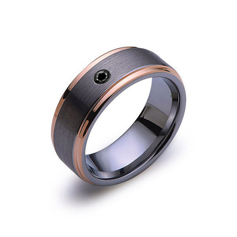 8 mm,Mens,Black Diamond,Rose Gold,Wedding Band,,Gray,Brushed,Rose Gold,Tungsten Ring,Comfort Fit - LUXURY BANDS LA