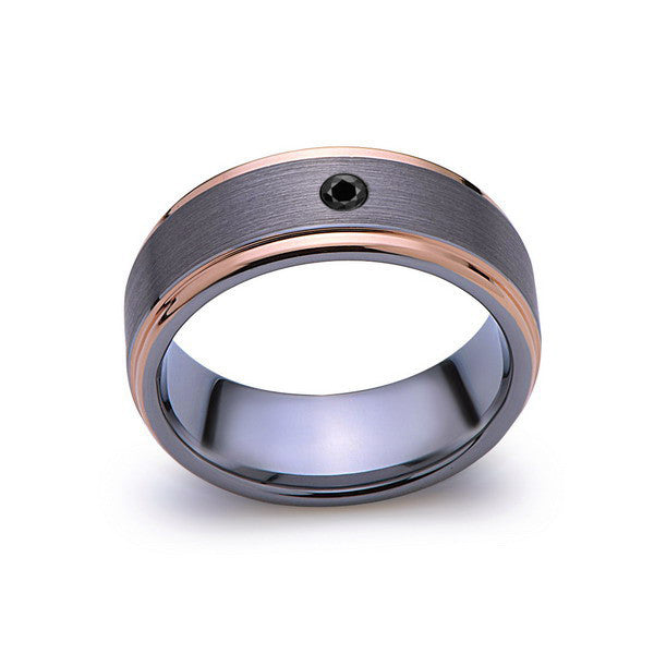 8 mm,Mens,Black Diamond,Rose Gold,Wedding Band,,Gray,Brushed,Rose Gold,Tungsten Ring,Comfort Fit - LUXURY BANDS LA