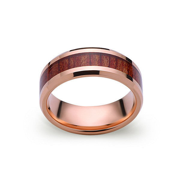 Koa Wood Wedding Ring - Rose Gold Tungsten Band - Hawaiian Koa Wood - 8mm - Mens - Comfort Fit - LUXURY BANDS LA