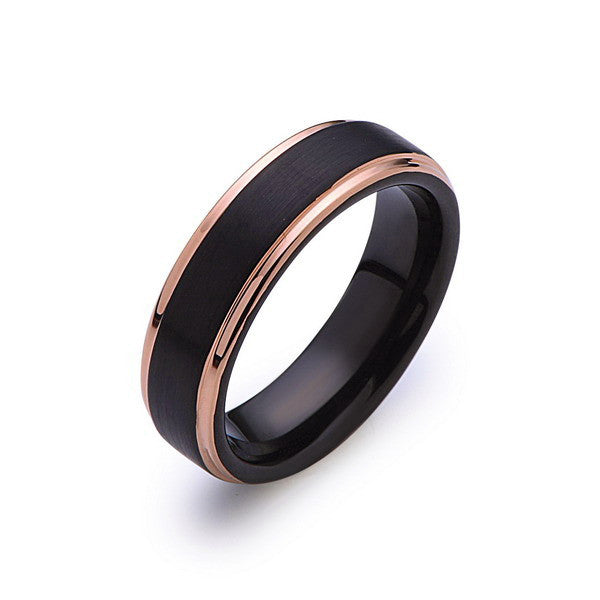 Black Tungsten Wedding Band - Black Brushed Ring - Rose Gold - 6mm Ring - Mens Ring - LUXURY BANDS LA