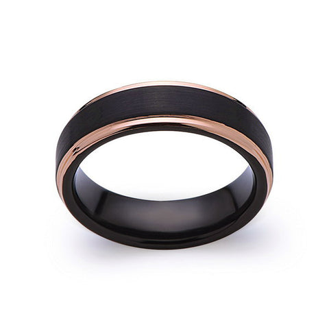 Black Tungsten Wedding Band - Black Brushed Ring - Rose Gold - 6mm Ring - Mens Ring - LUXURY BANDS LA