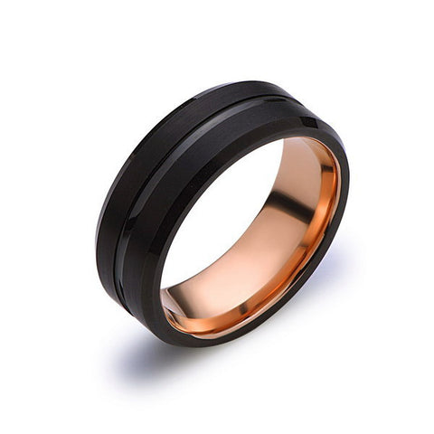 Rose Gold Tungsten Wedding Band - Black Groove Brushed Ring - 8mm Ring - Unique Engagment Band - Comfor Fit - LUXURY BANDS LA