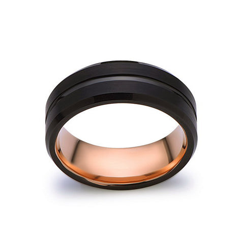 Rose Gold Tungsten Wedding Band - Black Groove Brushed Ring - 8mm Ring - Unique Engagment Band - Comfor Fit - LUXURY BANDS LA