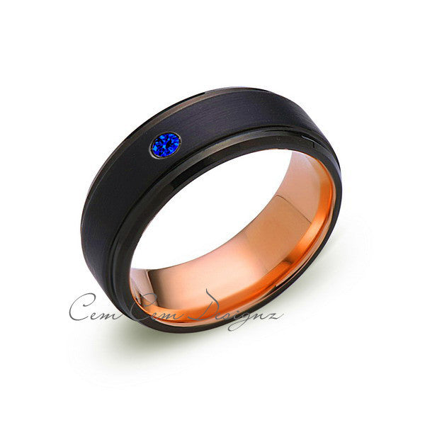 8mm,Mens,Blue Sapphire Band,Black Brushed,Rose Gold,Tungsten Ring,Rose Gold,Wedding Ring,Comfort Fit - LUXURY BANDS LA
