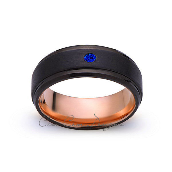 8mm,Mens,Blue Sapphire Band,Black Brushed,Rose Gold,Tungsten Ring,Rose Gold,Wedding Ring,Comfort Fit - LUXURY BANDS LA