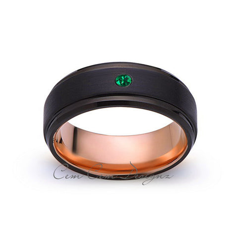 8mm,Mens,Green Emerald Band,Black Brushed,Birthstone Ring,Tungsten Ring,Wedding Ring,Comfort Fit - LUXURY BANDS LA