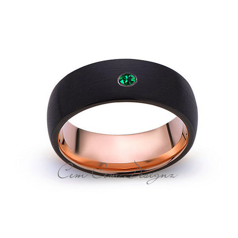 8mm,Mens,Green Emerald,Black Brushed,Rose Gold,Tungsten Ring,Birthstone,Wedding Band,Comfort Fit - LUXURY BANDS LA