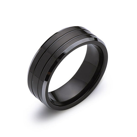 Black Tungsten Wedding Band - 8MM - High Polish - Mens Ring - Silver Beveled Edges - LUXURY BANDS LA