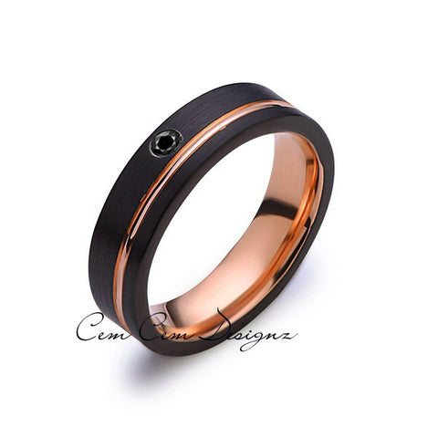 6mm,Mens,Black Diamond,Black Brushed,Rose Gold,Tungsten Ring,Rose Gold,Wedding Band,Comfort Fit - LUXURY BANDS LA