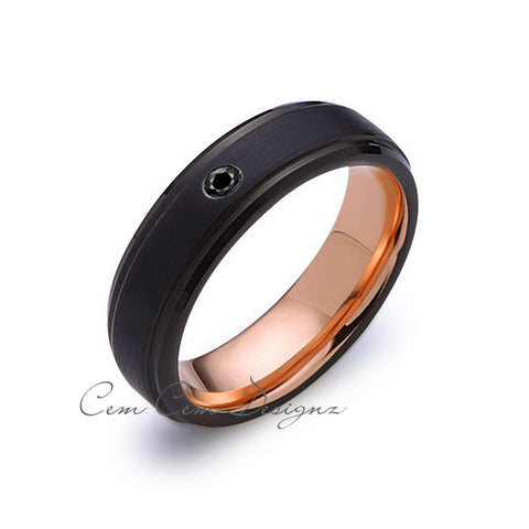 6mm,Mens,Black Diamond Band,Black Brushed,Rose Gold,Tungsten Ring,Rose Gold,Wedding Ring,Comfort Fit - LUXURY BANDS LA