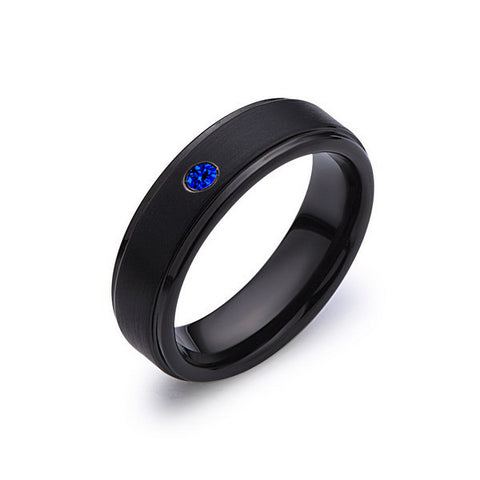 6mm,Blue Sapphire,Black Gun Metal Brushed,Tungsten Rings,Mens Wedding Band,Matching,Comfort Fit - LUXURY BANDS LA