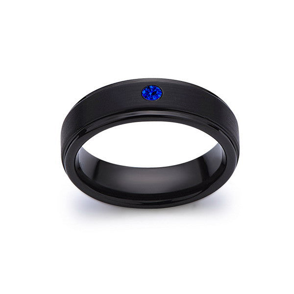 6mm,Blue Sapphire,Black Gun Metal Brushed,Tungsten Rings,Mens Wedding