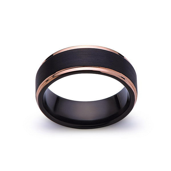 Black Tungsten Wedding Band - Black Brushed Ring - Rose Gold - 8mm Ring - Mens Ring - LUXURY BANDS LA