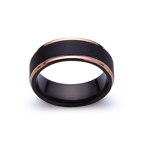 Black Tungsten Wedding Band - Black Brushed Ring - Rose Gold - 8mm Ring - Mens Ring - LUXURY BANDS LA