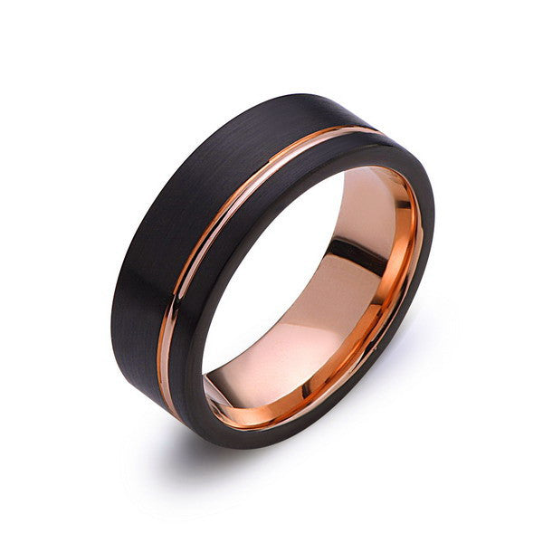 Rose Gold Tungsten Wedding Band - Black - Rose Groove Brushed Ring - 8mm Ring - Unique Engagment Band - Comfor Fit - LUXURY BANDS LA