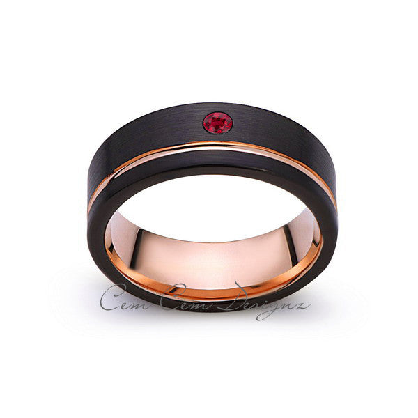 8mm,Mens,Red Ruby,Black Brushed,Rose Gold,Tungsten Ring,Birthstone,Wedding Band,Comfort Fit - LUXURY BANDS LA