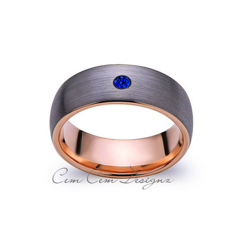 8mm,Mens,Blue Sapphire,Gray Brushed,Rose Gold,Tungsten Ring,Rose Gold,Wedding Band,Comfort Fit - LUXURY BANDS LA