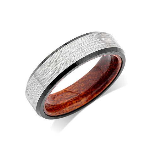 Koa Wood Wedding Ring - 6MM - Gray Gunmetal Brushed Tungsten Band - Hawaiian Koa Wood - Comfort Fit - LUXURY BANDS LA