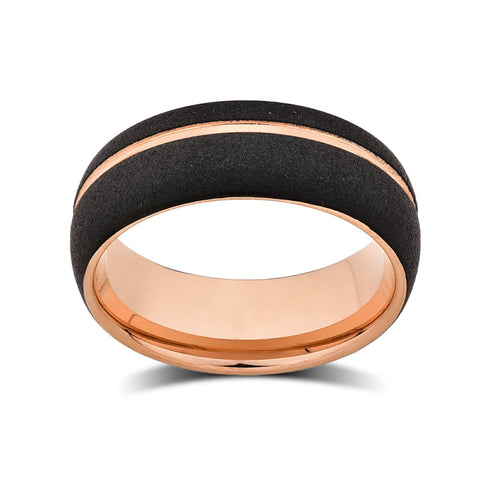 Mens Rose Gold Tungsten Wedding Band - Black Brushed Ring - 8mm Ring - Unique Engagement Band