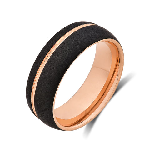 Mens Rose Gold Tungsten Wedding Band - Black Brushed Ring - 8mm Ring - Unique Engagement Band