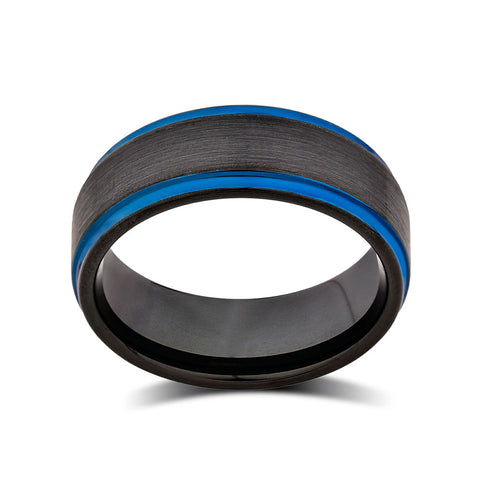 Blue Mens Ring - Black Brushed Tungsten Ring - Blue Stepped Edges