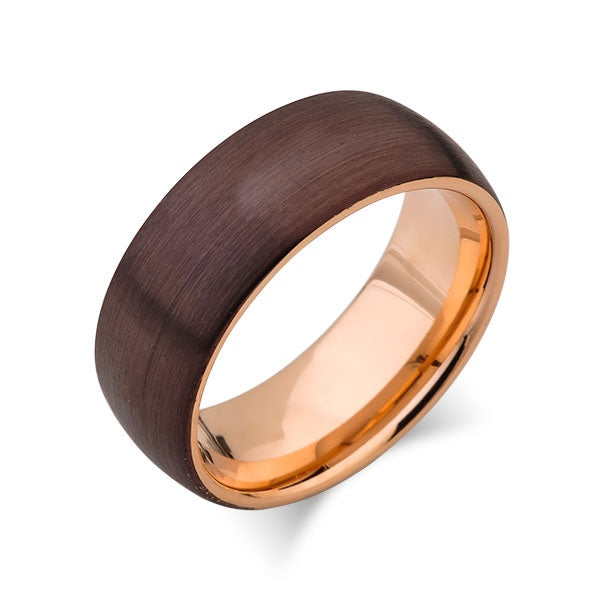Rose Gold Tungsten Wedding Band Champagne Brown Brushed Tungsten Ring 8mm Dome Mens Ring Engagement Band Comfort Fit
