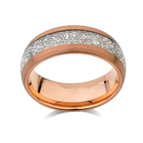 Meteorite Inlay Ring - Rose Gold Tungsten Wedding Band - Brushed Black Ring - 8mm - New - Unique - Engagement Band - Comfort Fit - LUXURY BANDS LA