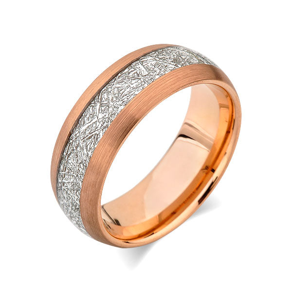 Meteorite Inlay Ring - Rose Gold Tungsten Wedding Band - Brushed Rose Gold Ring - 8mm - New - Unique - Engagement Band - Comfort Fit - LUXURY BANDS LA