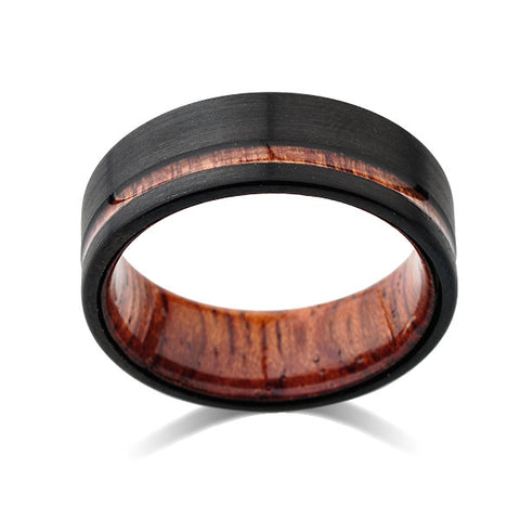 Koa Wood Wedding Ring - Black Brushed Tungsten Band - Offset Koa Wood Ring - Hawaiian Koa Wood - 8mm - Mens - Comfort Fit - LUXURY BANDS LA