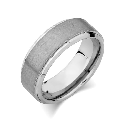 Gray Brushed Tungsten Ring - Pipe Cut - 8mm - High Polish Stepped Edge - Mens Band - Engagement Ring - LUXURY BANDS LA