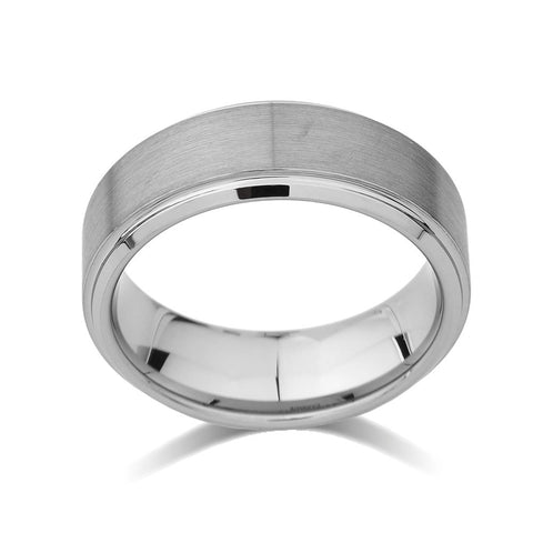 Gray Brushed Tungsten Ring - Pipe Cut - 8mm - High Polish Stepped Edge - Mens Band - Engagement Ring - LUXURY BANDS LA