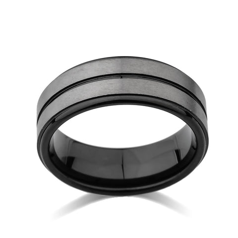 Black Tungsten Wedding Band - 8MM - Gray Brushed Ring - Center Groove - Unique - LUXURY BANDS LA