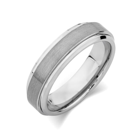 Gray Brushed Tungsten Ring - Pipe Cut - 6mm - High Polish Stepped Edge - Engagement Ring - LUXURY BANDS LA