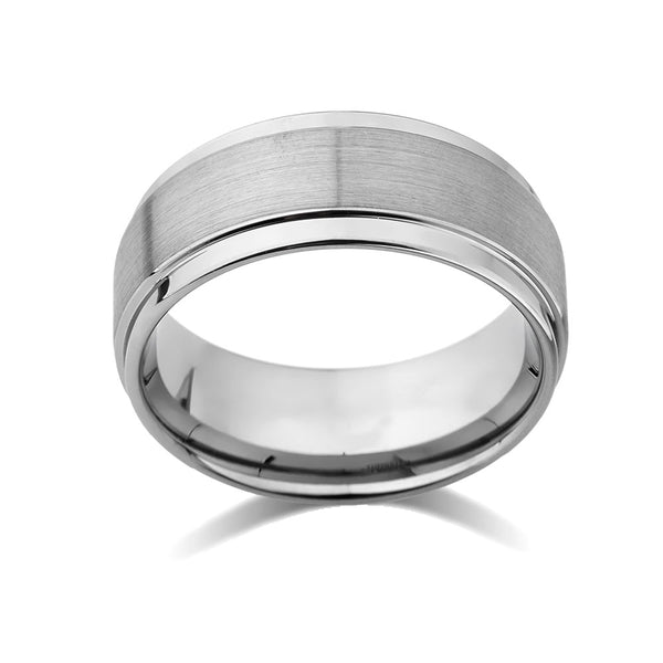 Gray Brushed Tungsten Ring - Gunmetal - 9mm - High Polish Stepped Edge - Engagement Ring - LUXURY BANDS LA