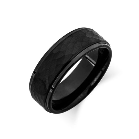 Black Hammered Finish Tungsten Wedding Band - Brushed Black Mens Ring - 8MM - Tungsten Carbide - LUXURY BANDS LA