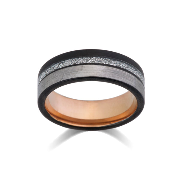 Meteorite Tungsten Wedding Band - Rose Gold Ring - 8mm - Brushed Gray - Unique Mens Ring - LUXURY BANDS LA