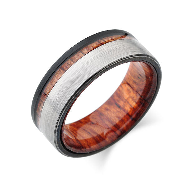 Koa Wood Ring - Gray and Black - Brushed Tungsten Band - Offset Koa Wood - Unique Hawaiian Koa Wood Ring - 8mm - Unisex - Comfort Fit - LUXURY BANDS LA