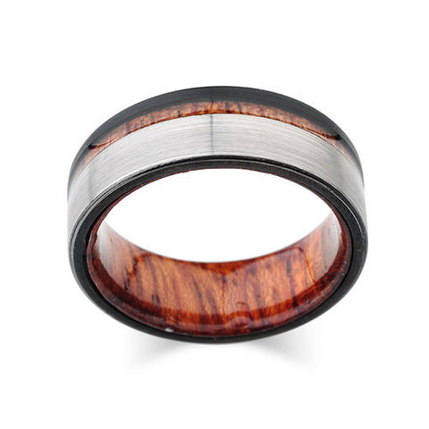 Koa Wood Ring - Gray and Black - Brushed Tungsten Band - Offset Koa Wood - Unique Hawaiian Koa Wood Ring - 8mm - Unisex - Comfort Fit - LUXURY BANDS LA