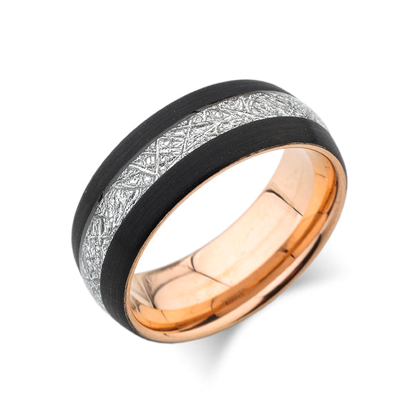 Rose Gold Tungsten Wedding Band - Black Brushed Meteorite - Tungsten Engagement Ring - 8mm Ring - Unique Band - Comfort Fit - LUXURY BANDS LA