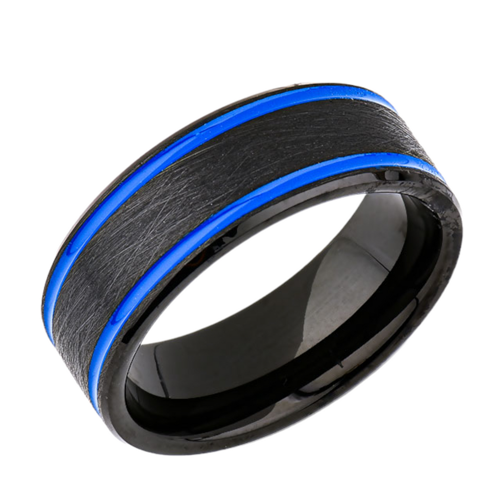 Blue Mens Designer Ring - 8MM - Double Groove - Black Brushed Tungsten Ring - New Mens Ring