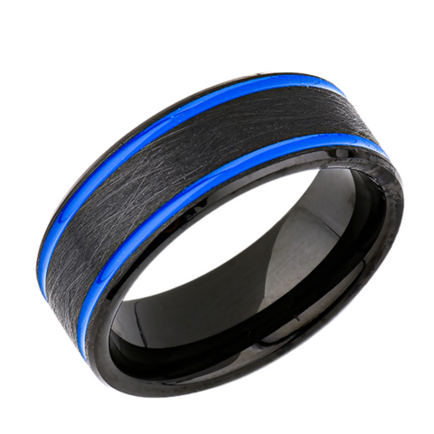 Blue Mens Designer Ring - 8MM - Double Groove - Black Brushed Tungsten Ring - New Mens Ring