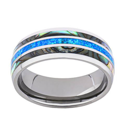 Mens Blue Opal Tungsten Ring - 8MM Mother of Pearl Engagement Band - Unique Mens Ring